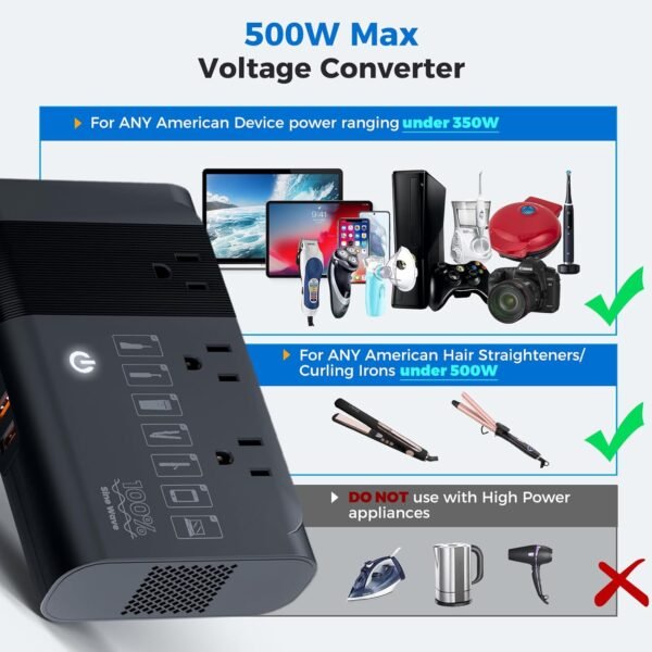 1757239535_711HucilTxL._AC_SL1500_.jpg 500W Pure Sine Wave Voltage Converter US to Europe, 220V to 110V Converter for European Travel, Power Converter Adapter Combo PD for CPAP Hair Straightener Cruler Shaver Toothbrush Laptop Camera Phone