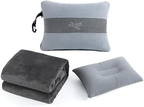 31-9cbcVtGL._AC_.jpg Melissa Large Travel Blanket and Inflatable Pillow Set - 69“ x 43.3” – Soft Blanket with Carry Bag – Lightweight, Compact & Washable for Backpacking, Hiking, Car, Airplane, Office, Camping (Gray)
