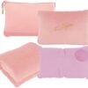 31Ey8iyEm9L._AC_.jpg Travel Blanket & Pillow Set, 300 GSM Soft Fleece-60x43 Inches, 3-in-1 Compact Airplane Blanket with Bag, Press-to-Inflate Pillow, for Long Trips with Luggage Sleeve & Backpack Clip (Pink)