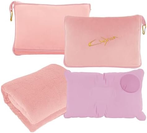 31Ey8iyEm9L._AC_.jpg Travel Blanket & Pillow Set, 300 GSM Soft Fleece-60x43 Inches, 3-in-1 Compact Airplane Blanket with Bag, Press-to-Inflate Pillow, for Long Trips with Luggage Sleeve & Backpack Clip (Pink)