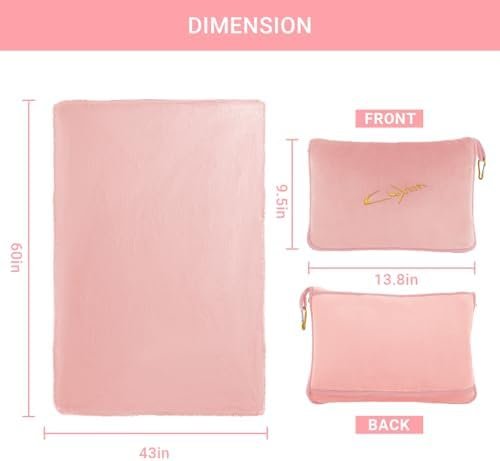 31apLfurqTL._AC_.jpg Travel Blanket & Pillow Set, 300 GSM Soft Fleece-60x43 Inches, 3-in-1 Compact Airplane Blanket with Bag, Press-to-Inflate Pillow, for Long Trips with Luggage Sleeve & Backpack Clip (Pink)