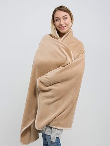 31o6yHSXOjL._AC_.jpg BlueHills Premium Soft Travel Blanket Pillow Airplane Blanket Packed in Soft Bag Pillowcase with Hand Luggage Belt Backpack Clip Compact Pack Large Portable Flight Throw Beige T005