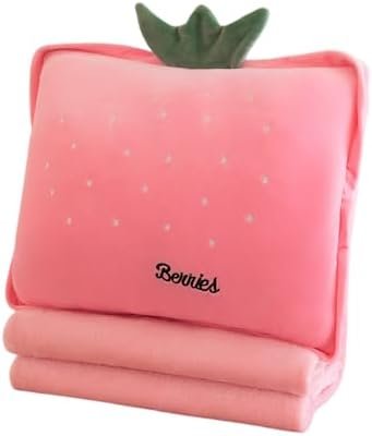 31szXiF1nLL._AC_.jpg Rikyo 15" Stuffed Fruit Travel Blanket and Pillow Set,3 in 1 Plush Stuffed Hugging Pillow with Warming Hands Pillow Blanket for Kids Gift Travel Airplane Train Bed Office Nap (Pink - Strawberry)