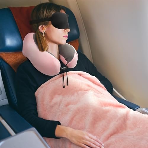 41lXDYqDfL._AC_.jpg Travel Pillow and Blanket Set Neck Pillows Travel Essentials with Sleep Mask for Airplane Car Memory Foam Pink