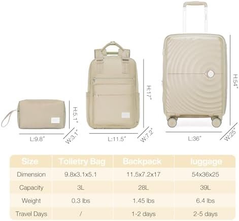 LARVENDER Carry On Luggage 22x14x9 Airline Approved, Expandable PP 20 inch Carry On Suitcases with Wheels, Lightweight Luggage Sets 3 Pieces for Women(CHAMPAGNE/20/BP/TB)