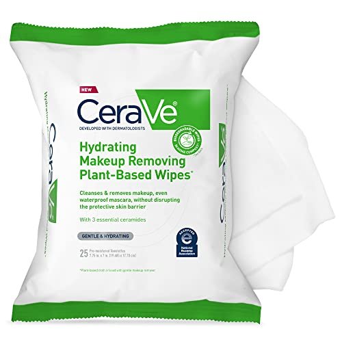 4117i-jJMKL.jpg CeraVe Makeup Remover Wipes, Plant Based Face Wipes, Biodegradable in Compost, Waterless Face Wash, Travel Essentials for Women, Suitable for Sensitive Skin, Fragrance-free + Non-comedogenic, 25ct