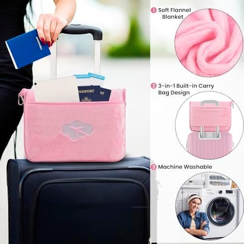 4132CZkzReL._AC_.jpg Blanket Pillow for Airplane Travel Essentials - 3 In 1 Travel Blanket and Pillow Set for Women Gifts, Plane Compact with Bag for Long Flight, International Traveler Must Haves Flying Accessories(Pink)