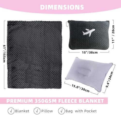 4145kNNrYdL._AC_.jpg 3 in 1 Travel Blanket Pillow Set - 350 GSM Thick Travel Blanket Airplane Compact with Bag, Soft Bag with a Pocket, Inflatable Travel Pillow for Camping & Car Trip (Dark Grey)