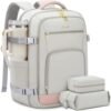 LOVEVOOK Travel Backpack For Women, 40L Carry On Backpack Flight Approved, TSA Personal Item Travel Bag Fits 17 Inch Laptop, Business Weekender Overnight Waterproof Daypack With 2 Cubes, Grey-Pink