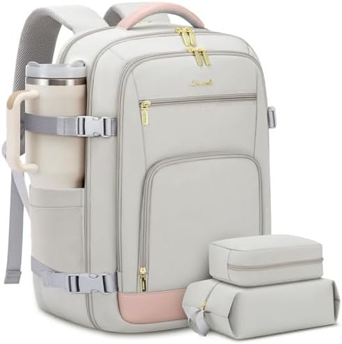 414L6lsUlTL._AC_.jpg LOVEVOOK Travel Backpack For Women, 40L Carry On Backpack Flight Approved, TSA Personal Item Travel Bag Fits 17 Inch Laptop, Business Weekender Overnight Waterproof Daypack With 2 Cubes, Grey-Pink