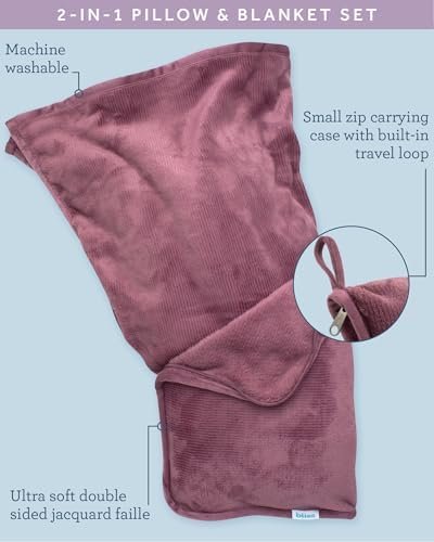 Bliss Faille Travel Pillow Blanket - 2-in-1 Lightweight Compact Airplane Camp Pillow and Blanket Set for Travelling, Size Small, Mauve