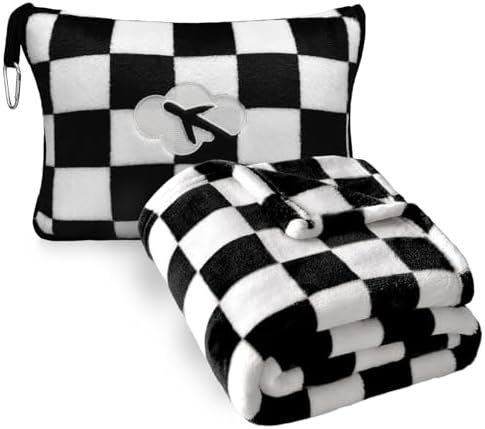 417EaTOteL._AC_.jpg Travel Blanket and Pillow Compact, Premium Soft 2 in 1 Airplane Blanket with Soft Bag Pillowcase,Hand Luggage Sleeve and Backpack Clip (Checkered Black)