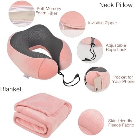 417mbtuD1iL._AC_.jpg Travel Pillow and Blanket Set & Foot Rest, Memory Foam Neck Pillow Airplane Blanket & Airplane Foot Hammock & Foldable Duffel Bag, Eye Mask & Earplugs, Portable Travel Accessories Essentials, Pink