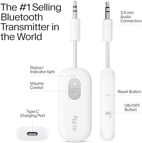 41Aq05So9KL._AC_.jpg Twelve South AirFly SE | Bluetooth Wireless Audio Transmitter Adapter for AirPods/Headphones, 20+ Hr Battery, Works with 3.5mm aux Jacks on Airplanes, TVs, Gym Equipment, and Travel