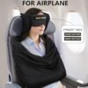 Travel Pillow and Blanket Set, Compact Airplane Pillow Bag with Eye Mask for Long Flights Sleeping, 360° Support Head Strap Travel Essentials for Plane Car Sleep Neck Upright, Stop Bobblehead (Black)
