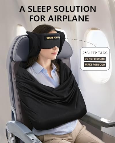 Travel Pillow and Blanket Set, Compact Airplane Pillow Bag with Eye Mask for Long Flights Sleeping, 360° Support Head Strap Travel Essentials for Plane Car Sleep Neck Upright, Stop Bobblehead (Black)
