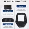 Travel Pillow and Blanket Set, Compact Airplane Pillow Bag with Eye Mask for Long Flights Sleeping, 360° Support Head Strap Travel Essentials for Plane Car Sleep Neck Upright, Stop Bobblehead (Black)