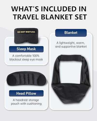 Travel Pillow and Blanket Set, Compact Airplane Pillow Bag with Eye Mask for Long Flights Sleeping, 360° Support Head Strap Travel Essentials for Plane Car Sleep Neck Upright, Stop Bobblehead (Black)
