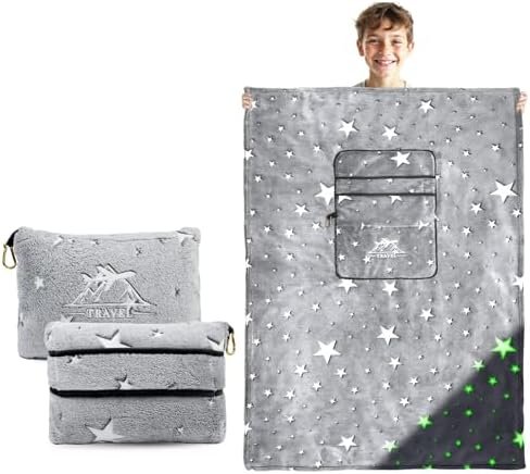 41DTtT0ZAhL._AC_.jpg 2-in-1 Travel Blanket Pillow Airplane Set - Small Travel Blanket and Pillow Set Airplane Compact for Kids - Glow in The Dark Space Star Blanket Birthday Gifts for Kids Boys Girls 40x60 Inches