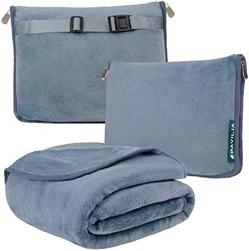 41HLst9s48L._AC_.jpg PAVILIA Travel Blanket Pillow, Soft Airplane Blanket 2-IN-1 Combo Set, Plane Blanket Compact Packable, Flight Essentials Car Pillow, Travelers Gift Accessories Luggage Backpack Strap, 60x43 Slate Blue