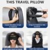 Travel Pillow and Blanket Set, Compact Airplane Pillow Bag with Eye Mask for Long Flights Sleeping, 360° Support Head Strap Travel Essentials for Plane Car Sleep Neck Upright, Stop Bobblehead (Black)