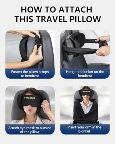 Travel Pillow and Blanket Set, Compact Airplane Pillow Bag with Eye Mask for Long Flights Sleeping, 360° Support Head Strap Travel Essentials for Plane Car Sleep Neck Upright, Stop Bobblehead (Black)
