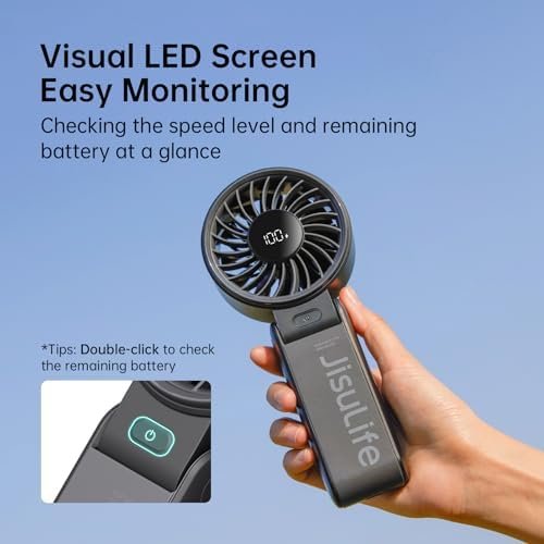 JISULIFE Handheld Fan Life7 – Ultimate Flexibility: High-Power Motor, LED Display, 19.5 Hrs Cooling, 5000mAh Rechargeable, 5-Speed, Foldable Design, 3-IN-1 Portable Fan for Travel Cruise Beach(Black)