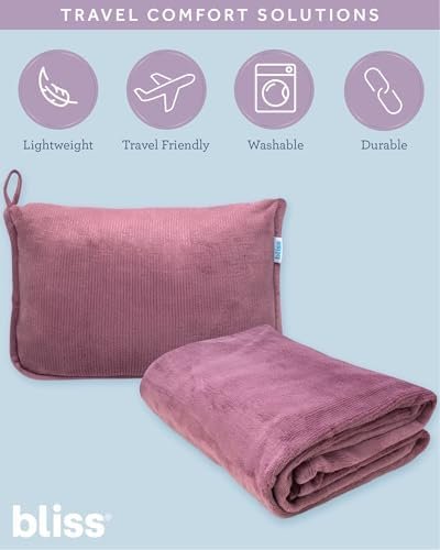 Bliss Faille Travel Pillow Blanket - 2-in-1 Lightweight Compact Airplane Camp Pillow and Blanket Set for Travelling, Size Small, Mauve