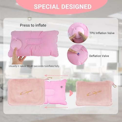 41LvneVxxdL._AC_.jpg Travel Blanket & Pillow Set, 300 GSM Soft Fleece-60x43 Inches, 3-in-1 Compact Airplane Blanket with Bag, Press-to-Inflate Pillow, for Long Trips with Luggage Sleeve & Backpack Clip (Pink)