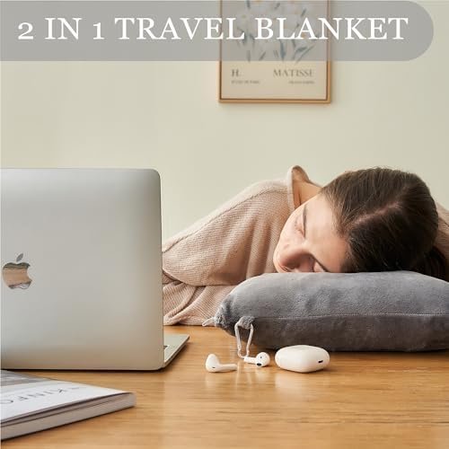 41MCU7yCu-L._AC_.jpg Commollis 2-in-1 Travel Blanket & Pillow for Airplane, Car, Train - Warm Compact Flight Blanket with Luggage Strap & Backpack Clip, Machine Washable, All-Season Use