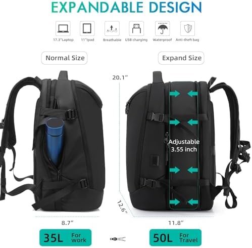 41OJoQNbvfL._AC_.jpg Travel Carry on Backpack 50L Expandable Flight Approved Backpacks 17.3 inch Laptop and USB Charging Port bags Water Resistant Business Back Pack for Women & Men