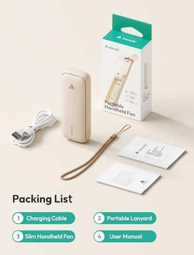 Aecooly Slim Portable Fan, Thin Handheld Fan, USB Rechargeable Mini Personal [24H Max Cooling Time], Battery Powered Small Foldable Pocket for Travel, Summer, Gifts for Women, Girls -Beige