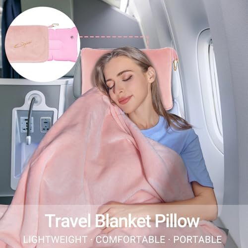 41QlFjPVnLL._AC_.jpg Travel Blanket & Pillow Set, 300 GSM Soft Fleece-60x43 Inches, 3-in-1 Compact Airplane Blanket with Bag, Press-to-Inflate Pillow, for Long Trips with Luggage Sleeve & Backpack Clip (Pink)