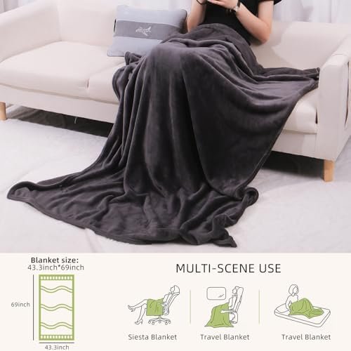 41QsqnapsTL._AC_.jpg Melissa Large Travel Blanket and Inflatable Pillow Set - 69“ x 43.3” – Soft Blanket with Carry Bag – Lightweight, Compact & Washable for Backpacking, Hiking, Car, Airplane, Office, Camping (Gray)