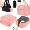 41SxPXjgcHL._AC_.jpg Travel Pillow and Blanket Set & Foot Rest, Memory Foam Neck Pillow Airplane Blanket & Airplane Foot Hammock & Foldable Duffel Bag, Eye Mask & Earplugs, Portable Travel Accessories Essentials, Pink