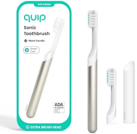 41TCTbMRS8L._AC_.jpg Quip Metal Sonic Toothbrush, Electric Toothbrush for Adults –Time Travel & Soft Bristles with Travel Case & Replaceable Brush Head -3-Month Battery Life - Moonrise Champagne