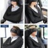 Travel Pillow and Blanket Set, Compact Airplane Pillow Bag with Eye Mask for Long Flights Sleeping, 360° Support Head Strap Travel Essentials for Plane Car Sleep Neck Upright, Stop Bobblehead (Black)