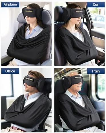 Travel Pillow and Blanket Set, Compact Airplane Pillow Bag with Eye Mask for Long Flights Sleeping, 360° Support Head Strap Travel Essentials for Plane Car Sleep Neck Upright, Stop Bobblehead (Black)