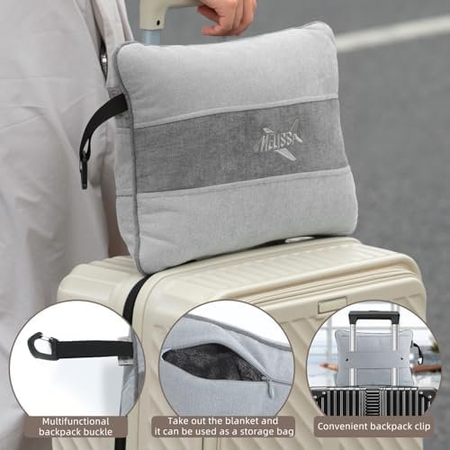 41VEBYkE5HL._AC_.jpg Melissa Large Travel Blanket and Inflatable Pillow Set - 69“ x 43.3” – Soft Blanket with Carry Bag – Lightweight, Compact & Washable for Backpacking, Hiking, Car, Airplane, Office, Camping (Gray)