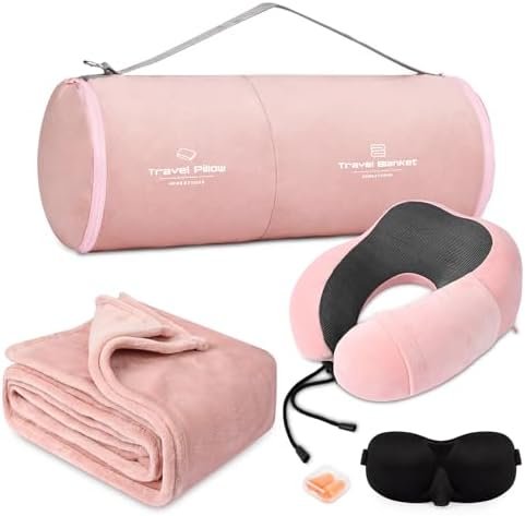 41Wjf3CbM-L._AC_.jpg Travel Pillow and Blanket Set Neck Pillows Travel Essentials with Sleep Mask for Airplane Car Memory Foam Pink