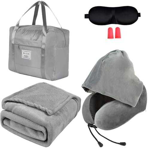 Travel Blanket Pillow Set - Travel Neck Pillow & Blanket for Airplane, Thick Fleece Plane Blankets, Hooded Memory Foam Neck Pillows, Foldable Duffel Bag, Sleep Mask, Earplugs for Plane Traveling
