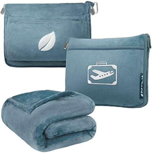 41ZWo-tpwML._AC_.jpg PAVILIA Travel Blanket Pillow in Soft Bag with Pockets, Airplane Blanket Set, Plane Blanket Compact Packable, Flight Essentials Car Pillow, Travelers Accessories Gifts, Luggage Strap, Dusty Light Blue