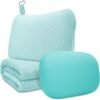 41avBbP0giL._AC_.jpg Travel Pillow Blanket Set-3 in 1 Travel Pillow Memory Foam, Soft Travel Blanket Airplane Compact with Bag, Inner Pillowcase, Hand Luggage Belts and Backpack Clip, for Plane Car, Blue Green