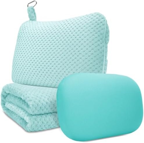 41avBbP0giL._AC_.jpg Travel Pillow Blanket Set-3 in 1 Travel Pillow Memory Foam, Soft Travel Blanket Airplane Compact with Bag, Inner Pillowcase, Hand Luggage Belts and Backpack Clip, for Plane Car, Blue Green