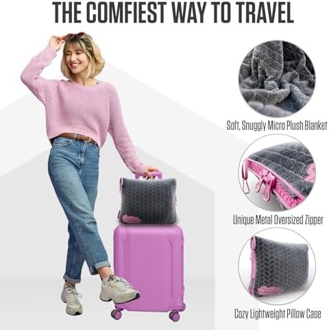 VENTURE 4TH Travel Blanket Pillow – Premium Ultra-Soft & Warm 2-in-1 Blanket or Pillow for Airplane, Car & Bus – Compact, Lightweight & Portable – Lint-Free, No Shedding, No Pilling - Gray/Pink