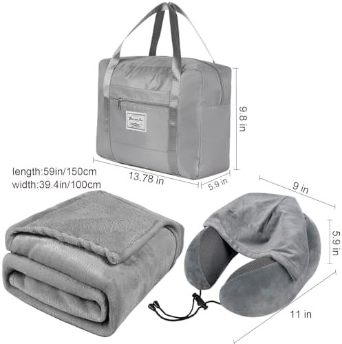 Travel Blanket Pillow Set - Travel Neck Pillow & Blanket for Airplane, Thick Fleece Plane Blankets, Hooded Memory Foam Neck Pillows, Foldable Duffel Bag, Sleep Mask, Earplugs for Plane Traveling