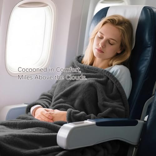 41cQj-dlhL._AC_.jpg Melissa Large Travel Blanket and Inflatable Pillow Set - 69“ x 43.3” – Soft Blanket with Carry Bag – Lightweight, Compact & Washable for Backpacking, Hiking, Car, Airplane, Office, Camping (Gray)