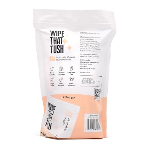 MightyGood. Wipe That Tush On-The-Go Flushable Wet Wipes - 1 Pack, 30 Wipes - Individually Wrapped Extra-Large Wipes with Aloe - Hypoallergenic & Unscented - Septic and Sewer Safe