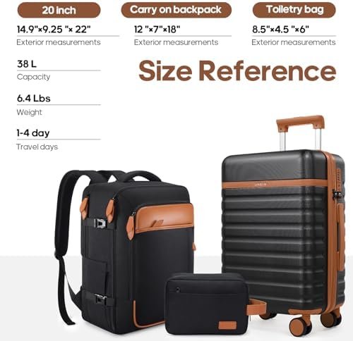 Luggage Sets 3 Piece, Carry On Luggage 20In With Spinner Wheels,PC Hardside Suitcase Set with TSA Lock,Durable Carry On Suitcase With Travel Backpack for Men (Black, 3 piece set (20inch))