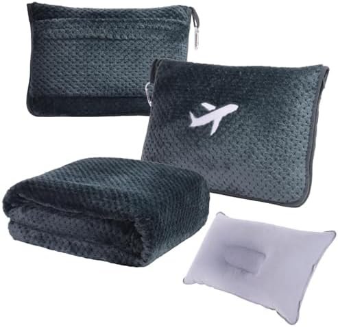 41eulfsk-BL._AC_.jpg 3 in 1 Travel Blanket Pillow Set - 350 GSM Thick Travel Blanket Airplane Compact with Bag, Soft Bag with a Pocket, Inflatable Travel Pillow for Camping & Car Trip (Dark Grey)